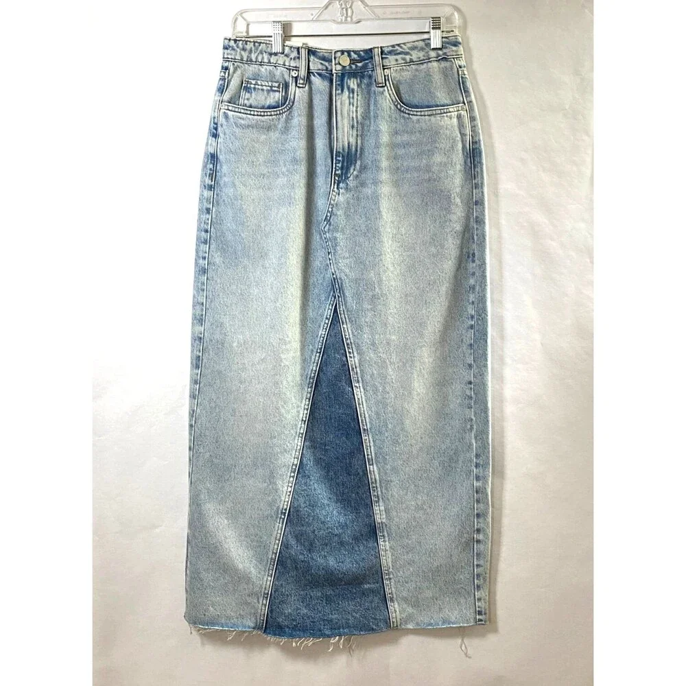 Blank NYC Either Way Jean Skirt Womens Size 27 Blue High Back Slit Raw Hem New